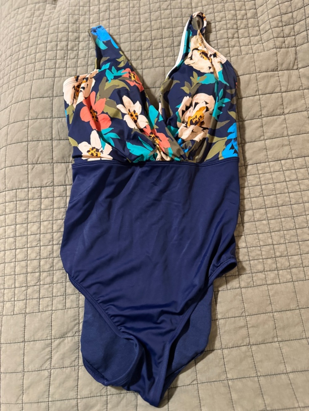 Floral Navy One-Piece Swimsuit with V-Neck